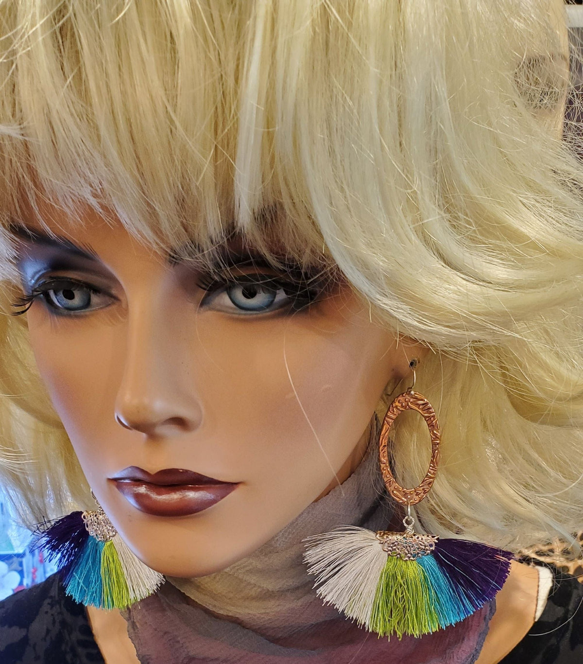 Alexa Martha Designs Earrings Long Rose Golden Filigree Copper Embossed Four Color Silk Fan  Tassel Earrings