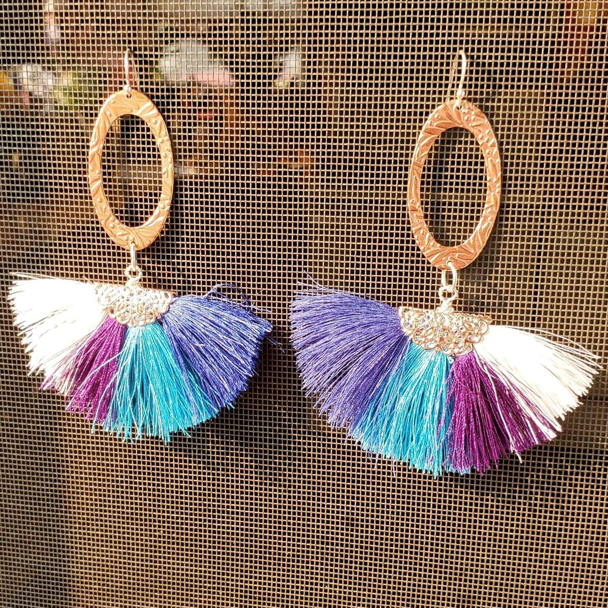 Alexa Martha Designs Earrings Long Rose Golden Filigree Copper Embossed Four Color Silk Fan  Tassel Earrings