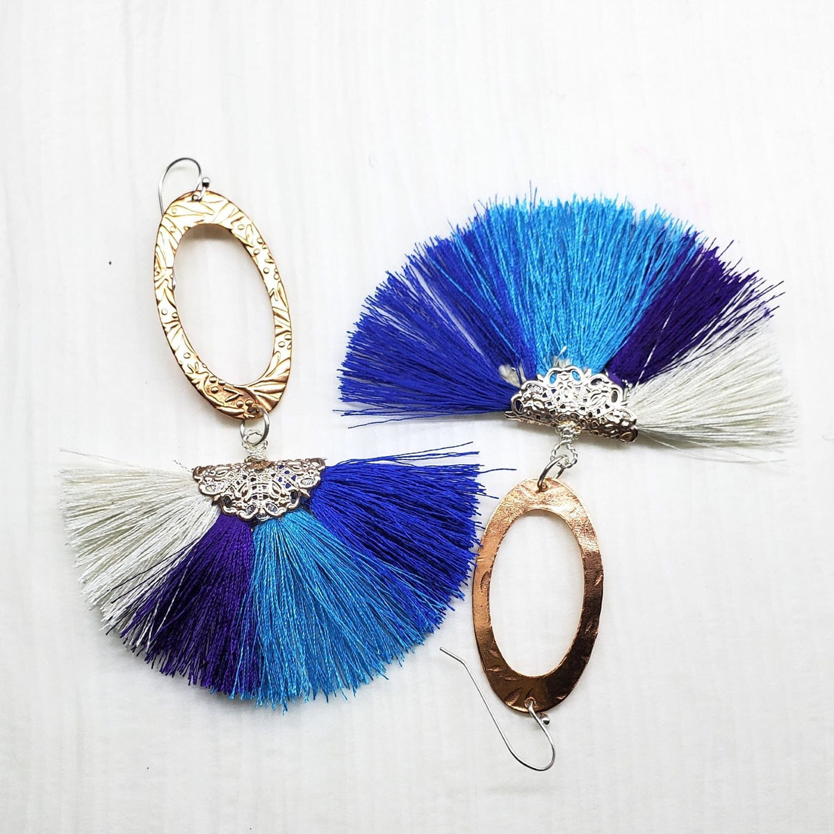 Alexa Martha Designs Earrings Long Rose Golden Filigree Copper Embossed Four Color Silk Fan  Tassel Earrings