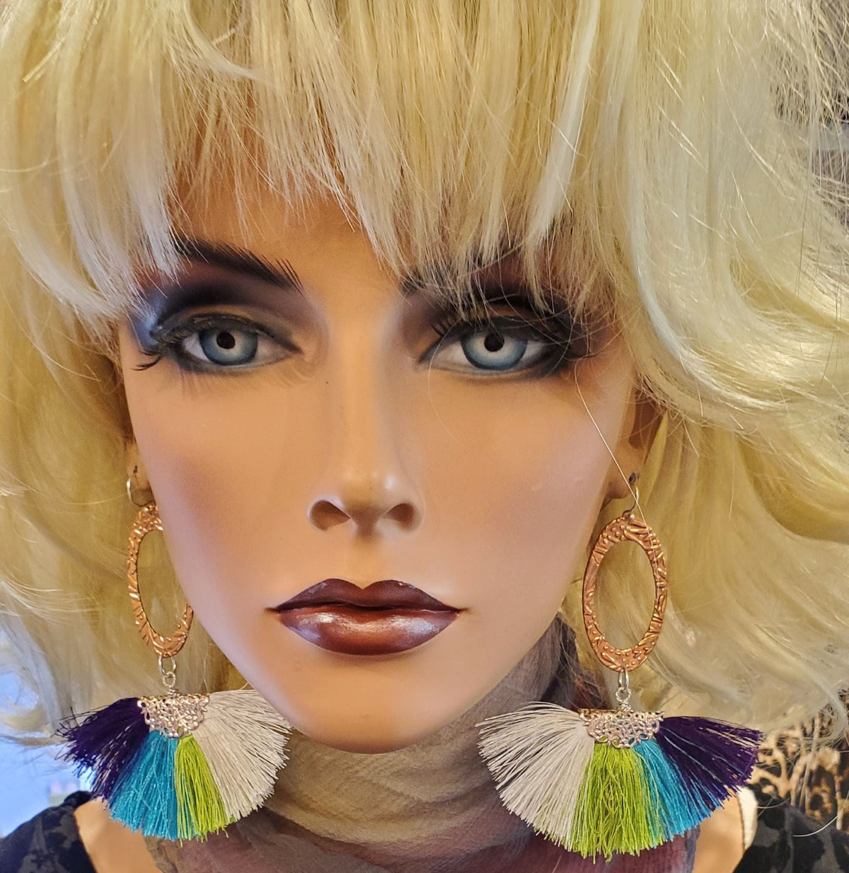 Alexa Martha Designs Earrings Long Rose Golden Filigree Copper Embossed Four Color Silk Fan  Tassel Earrings
