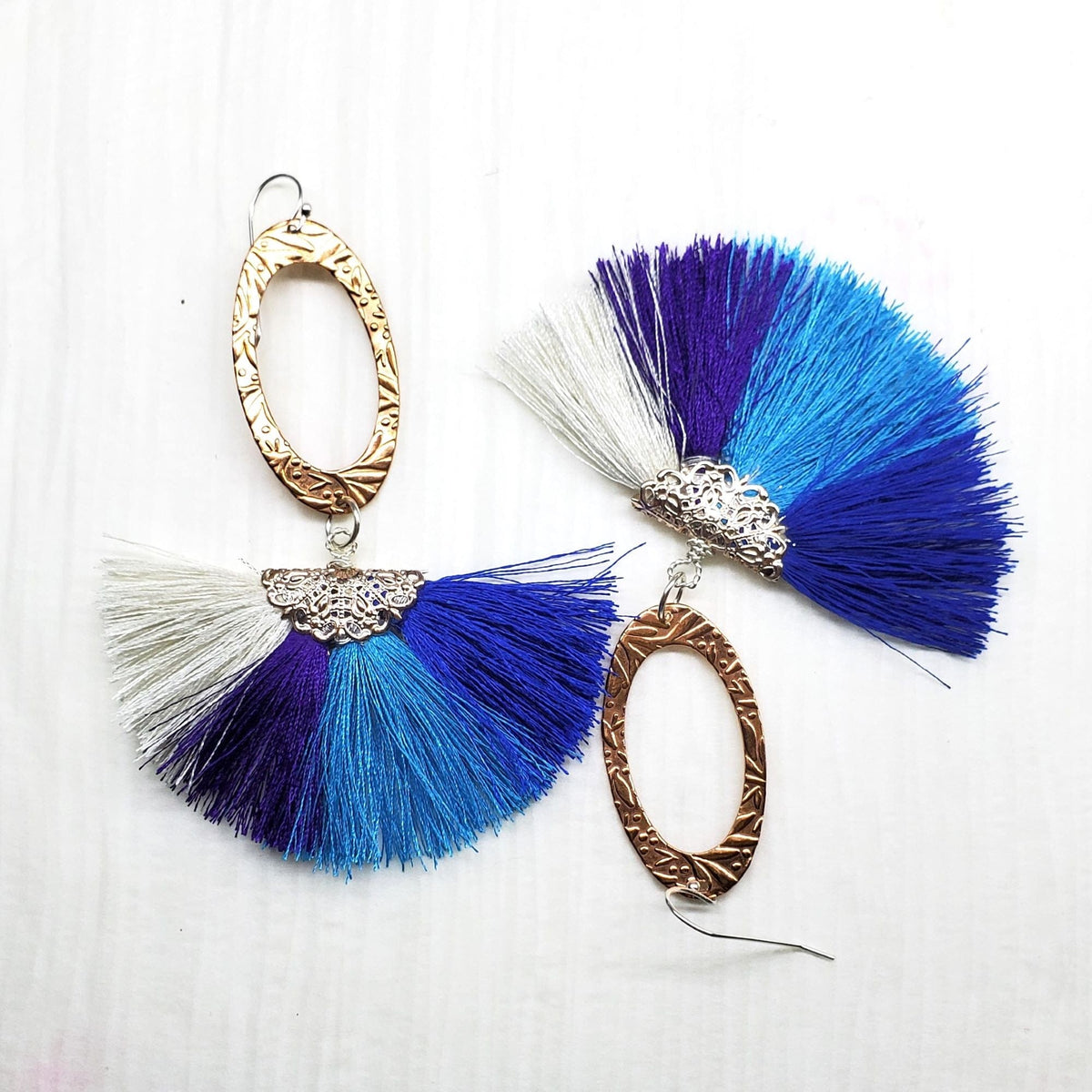 Alexa Martha Designs Earrings Long Rose Golden Filigree Copper Embossed Four Color Silk Fan  Tassel Earrings