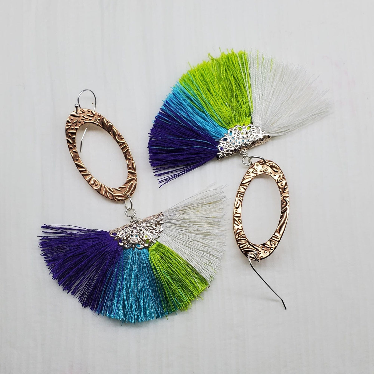 Alexa Martha Designs Earrings Long Rose Golden Filigree Copper Embossed Four Color Silk Fan  Tassel Earrings