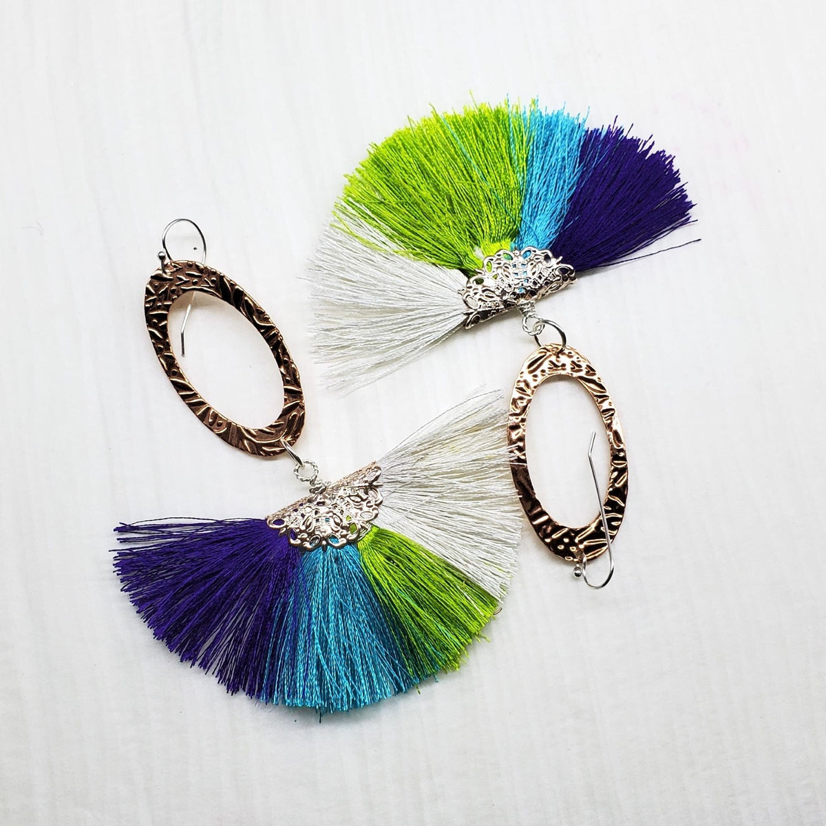 Alexa Martha Designs Earrings Long Rose Golden Filigree Copper Embossed Four Color Silk Fan  Tassel Earrings