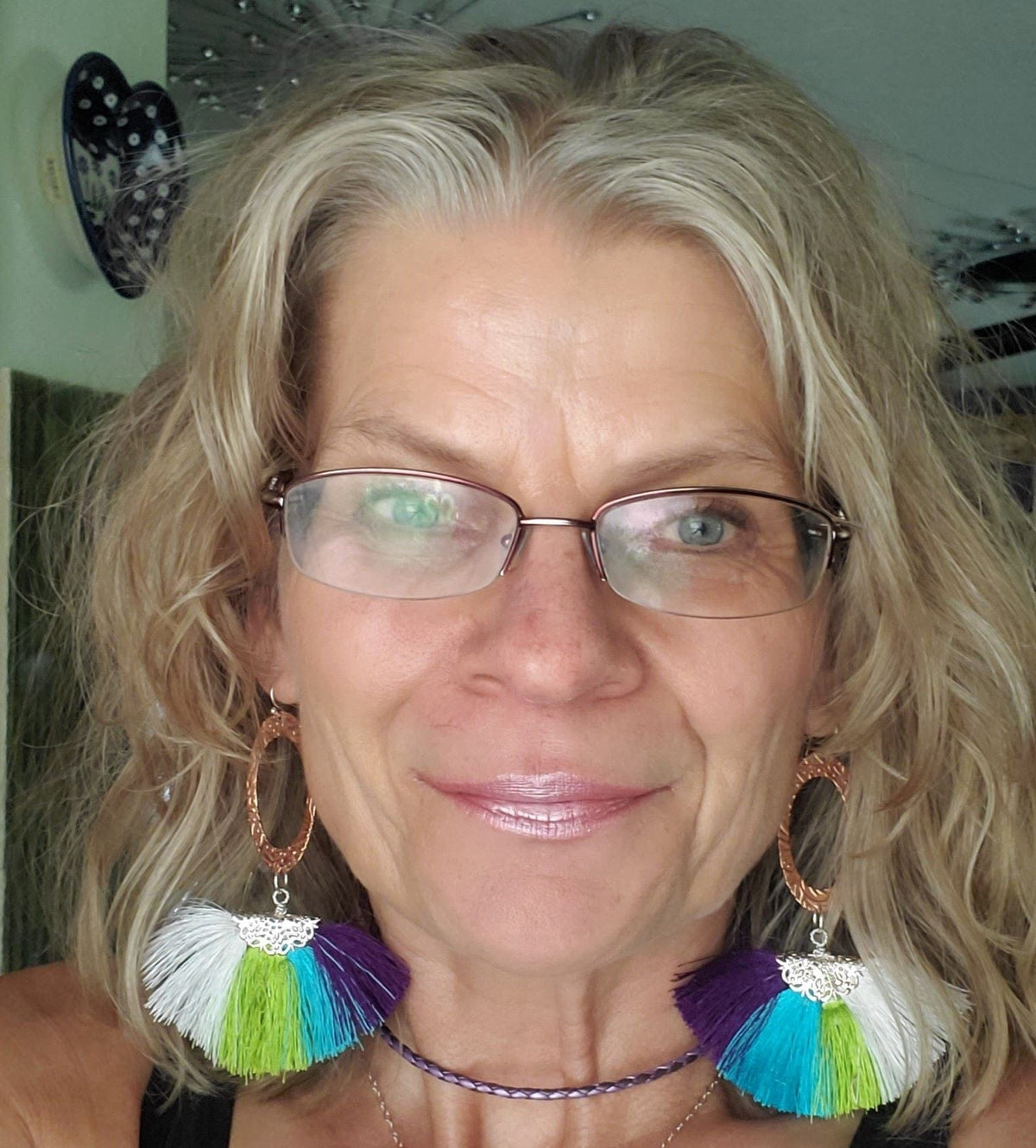 Alexa Martha Designs Earrings Long Rose Golden Filigree Copper Embossed Four Color Silk Fan  Tassel Earrings