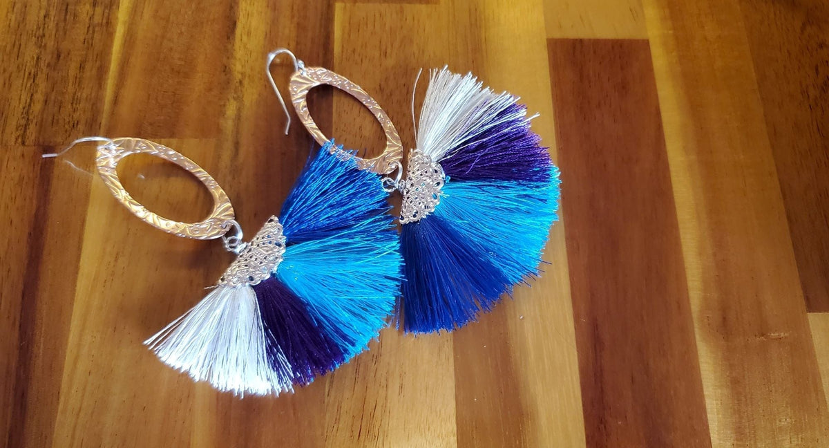 Alexa Martha Designs Earrings Long Rose Golden Filigree Copper Embossed Four Color Silk Fan  Tassel Earrings