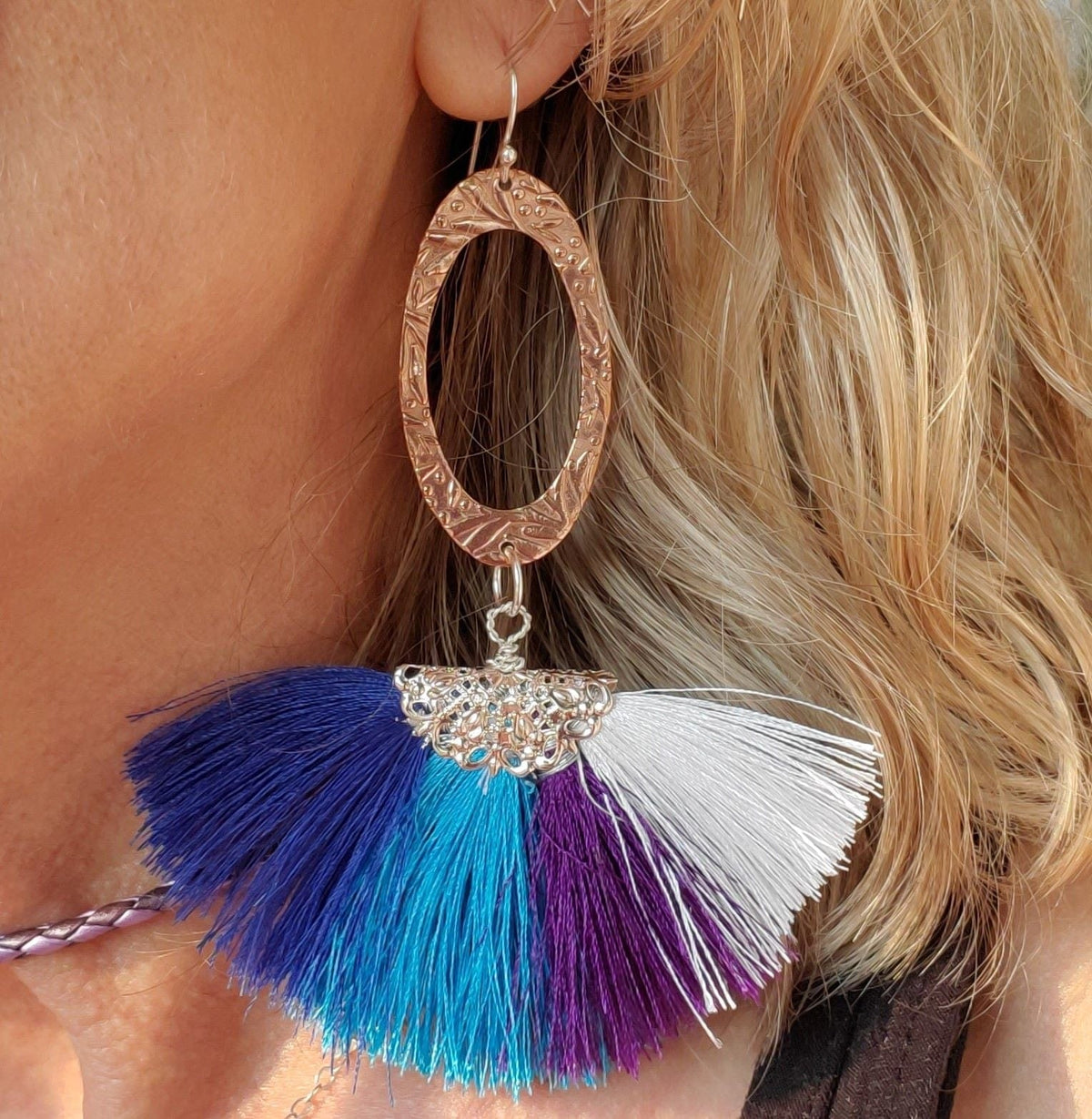Alexa Martha Designs Earrings Long Rose Golden Filigree Copper Embossed Four Color Silk Fan  Tassel Earrings