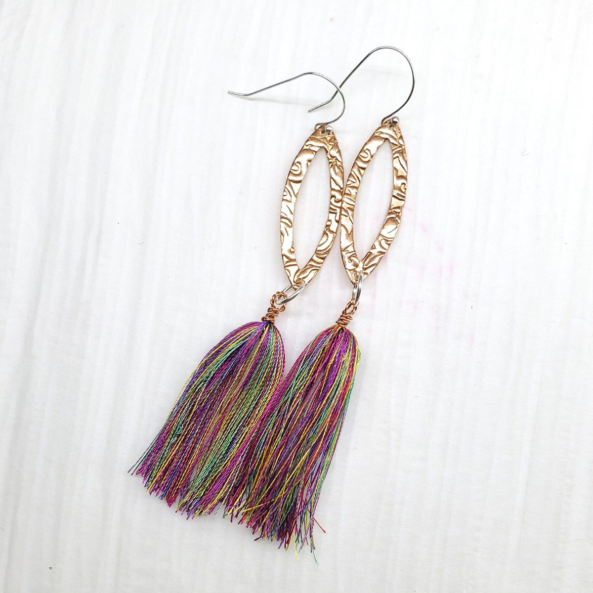 Alexa Martha Designs Earrings Multi Long Copper Embossed Filigree Silk Tassel Earrings