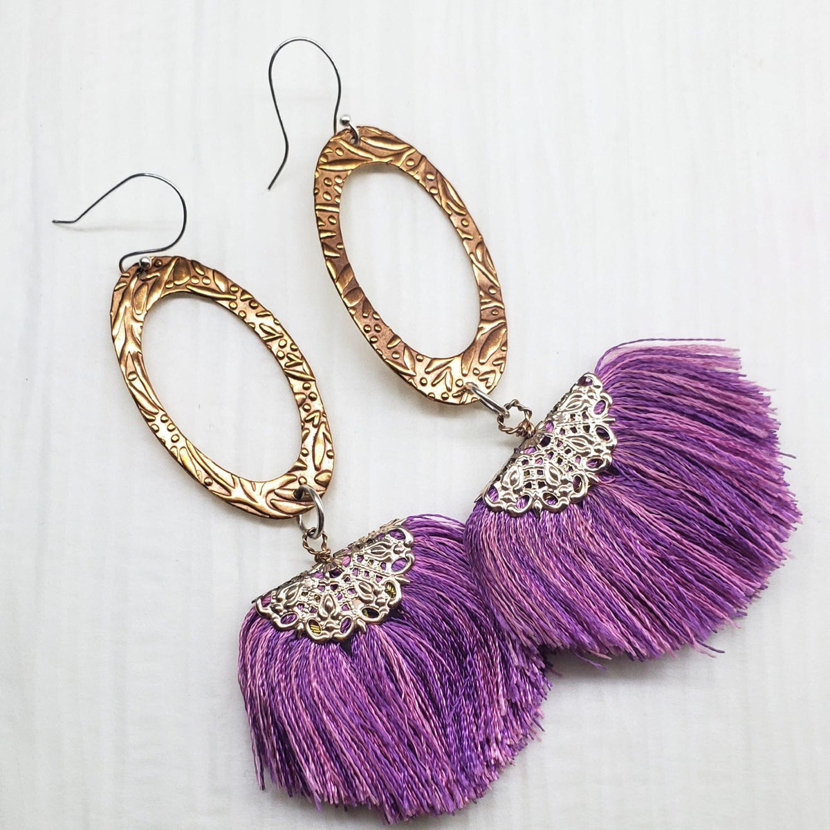Alexa Martha Designs Earrings Purple Copper Embossed Rose Gold Filled  Filigree Silk Fan Tassel Earrings