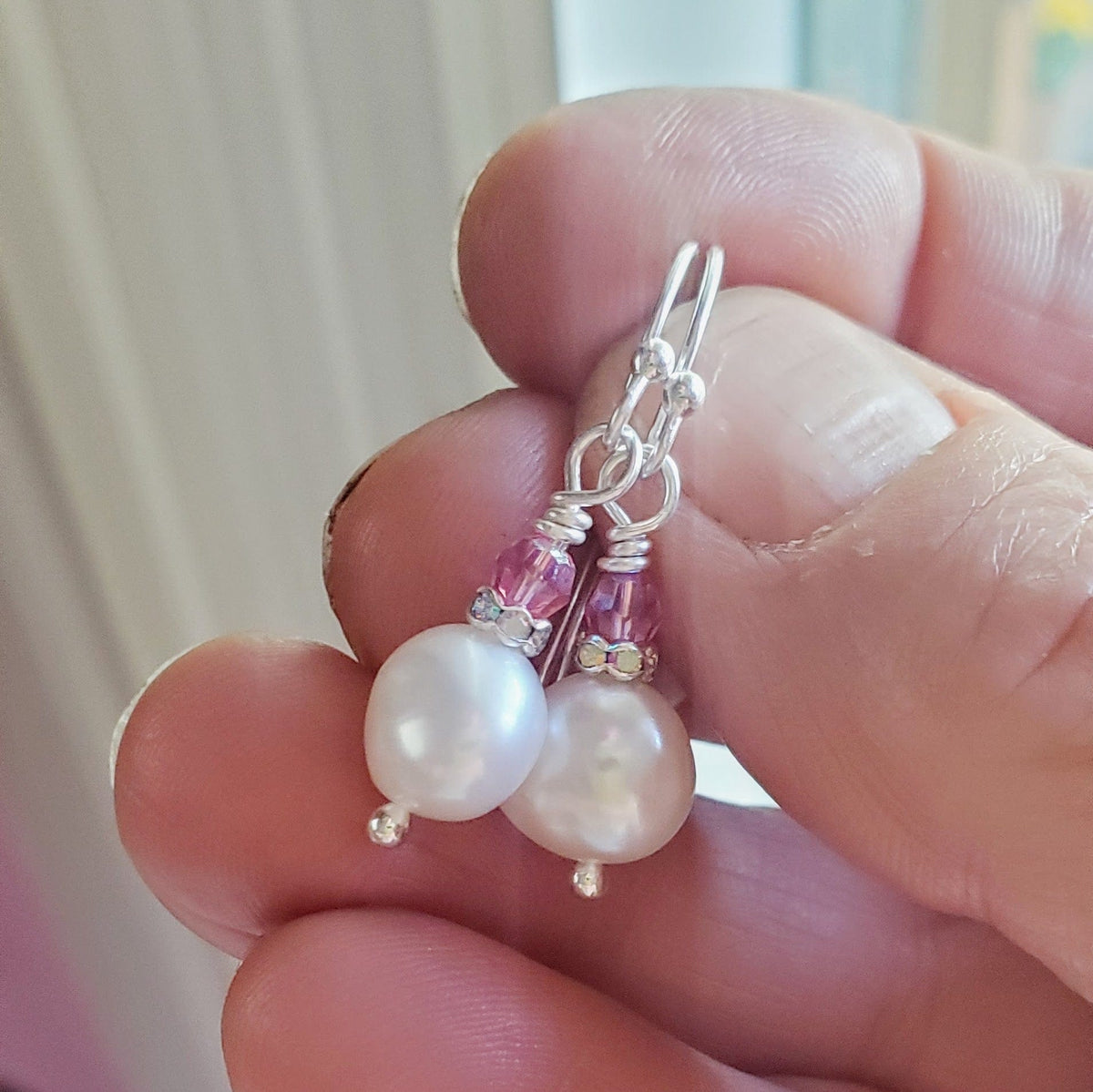 Alexa Martha Designs Earrings Rose AB 10mm Freshwater Baroque Pearl Sterling Silver Crystal Dangle Earrings