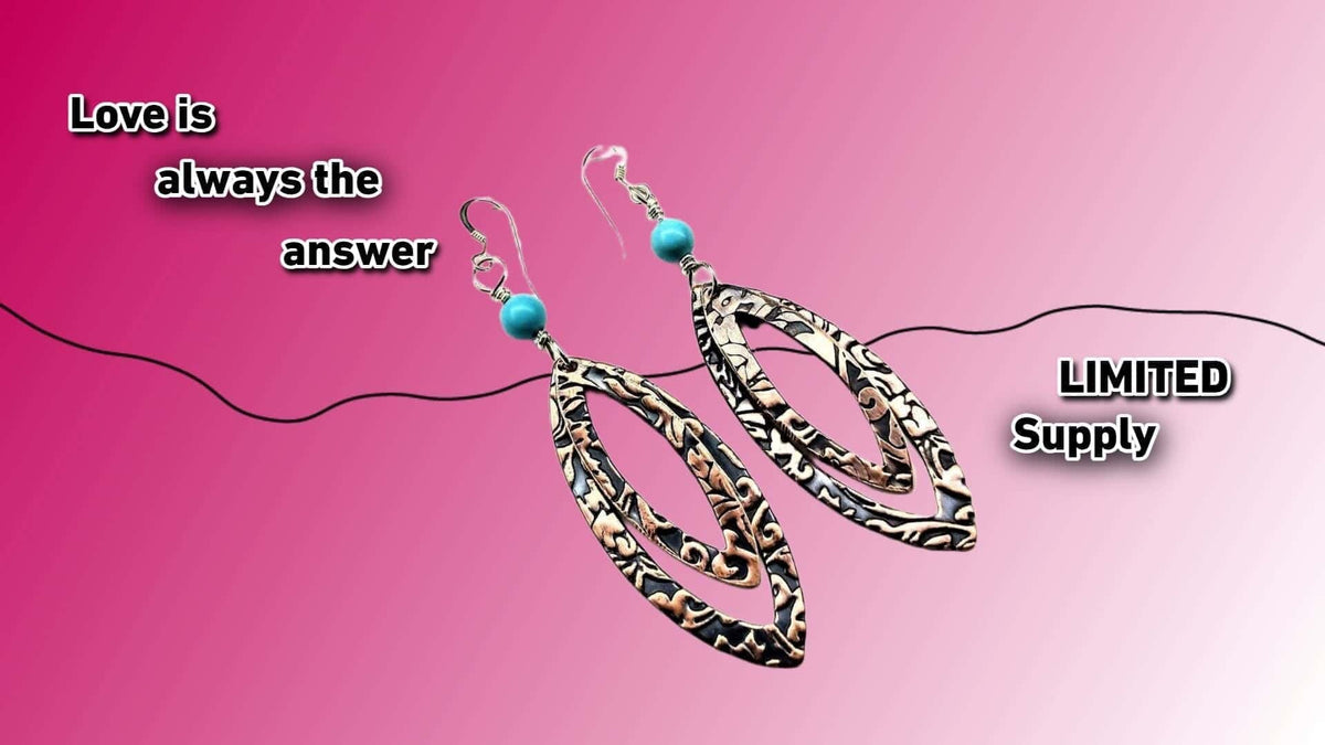 Alexa Martha Designs Earrings Turquoise Copper Embossed Pointed Oval Earrings