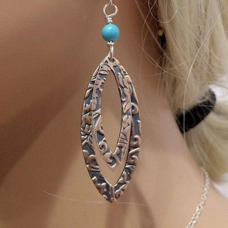 Alexa Martha Designs Earrings Turquoise Copper Embossed Pointed Oval Earrings