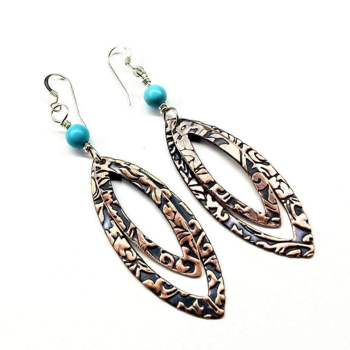 Alexa Martha Designs Earrings Turquoise Copper Embossed Pointed Oval Earrings
