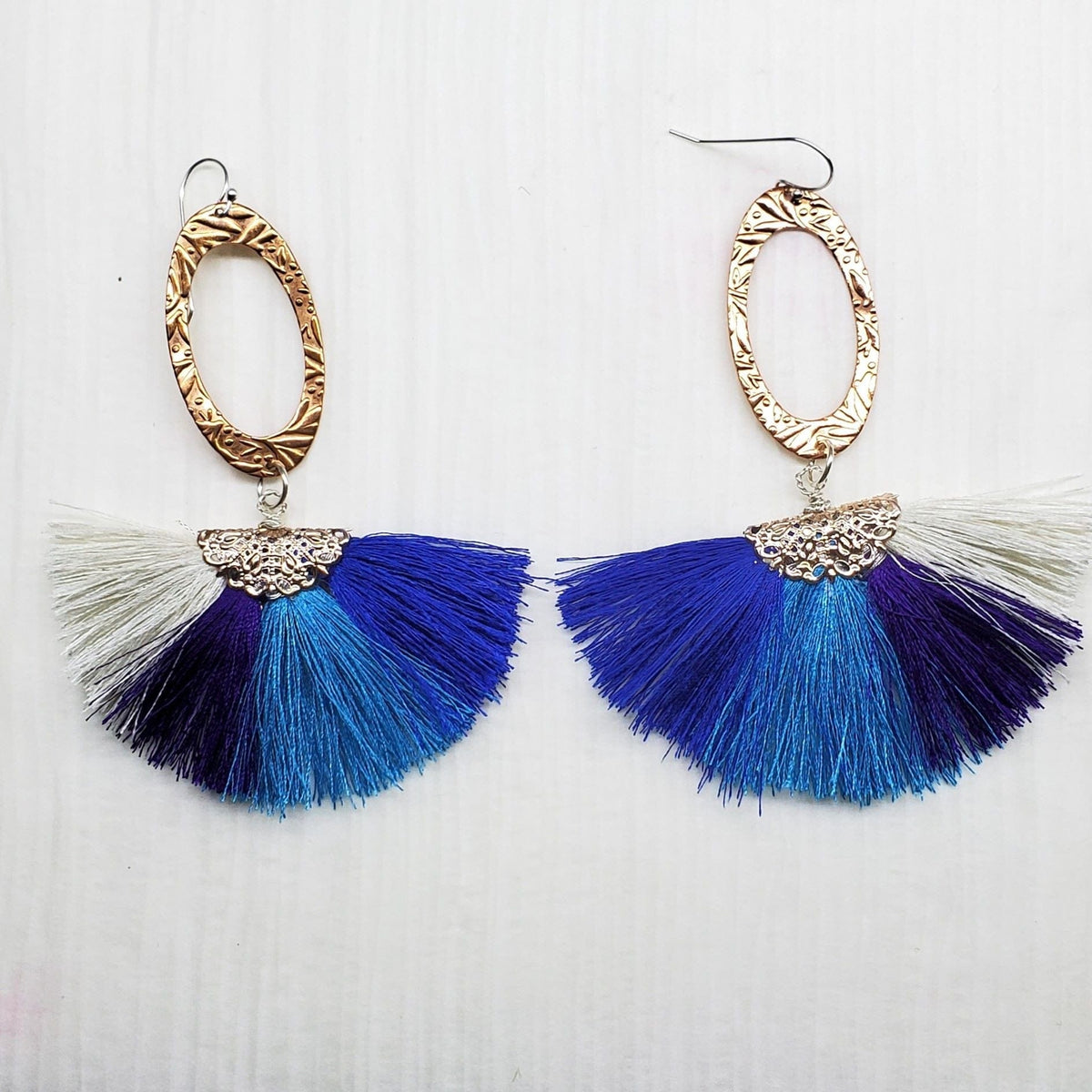 Alexa Martha Designs Earrings Turquoise Long Rose Golden Filigree Copper Embossed Four Color Silk Fan  Tassel Earrings