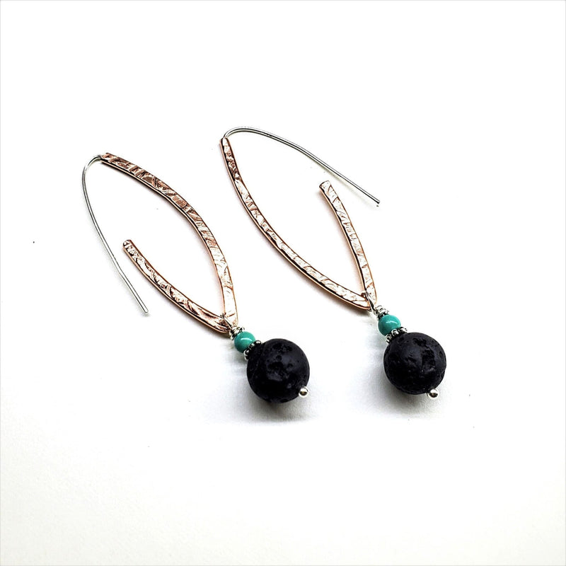 Alexa Martha Designs Hoop Earrings Hammered Pointed Oval Hoop Lava Rock Bead Earrings