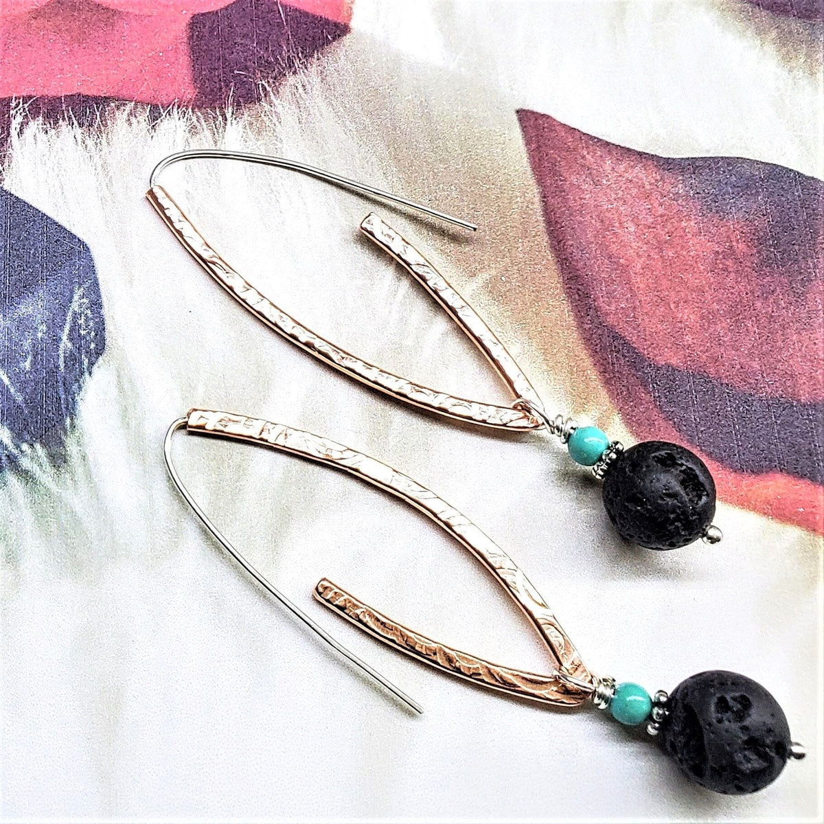 Alexa Martha Designs Hoop Earrings Hammered Pointed Oval Hoop Lava Rock Bead Earrings