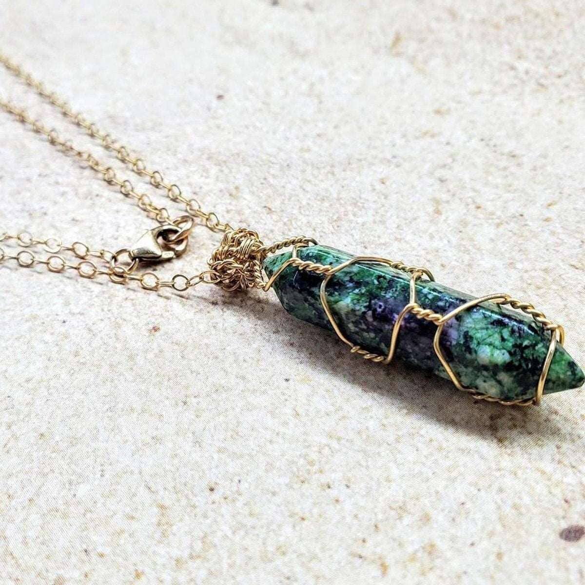 Alexa Martha Designs Necklace Alexa Martha Designs Gold Wire Wrapped Caged In Ruby In Zoisite Pointed Crystal Necklace For Him