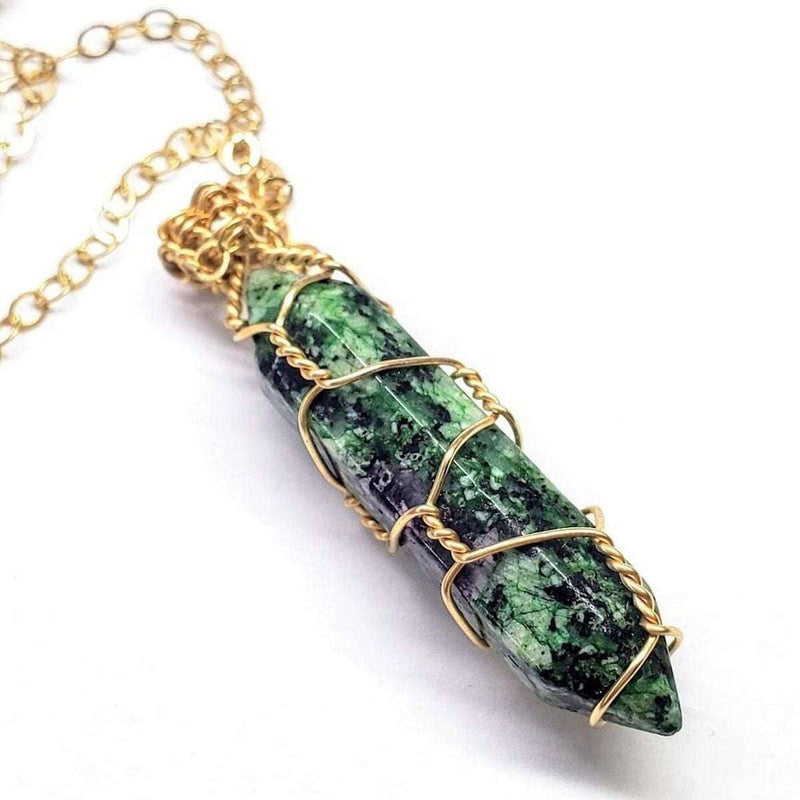 Alexa Martha Designs Necklace Alexa Martha Designs Gold Wire Wrapped Caged In Ruby In Zoisite Pointed Crystal Necklace For Him