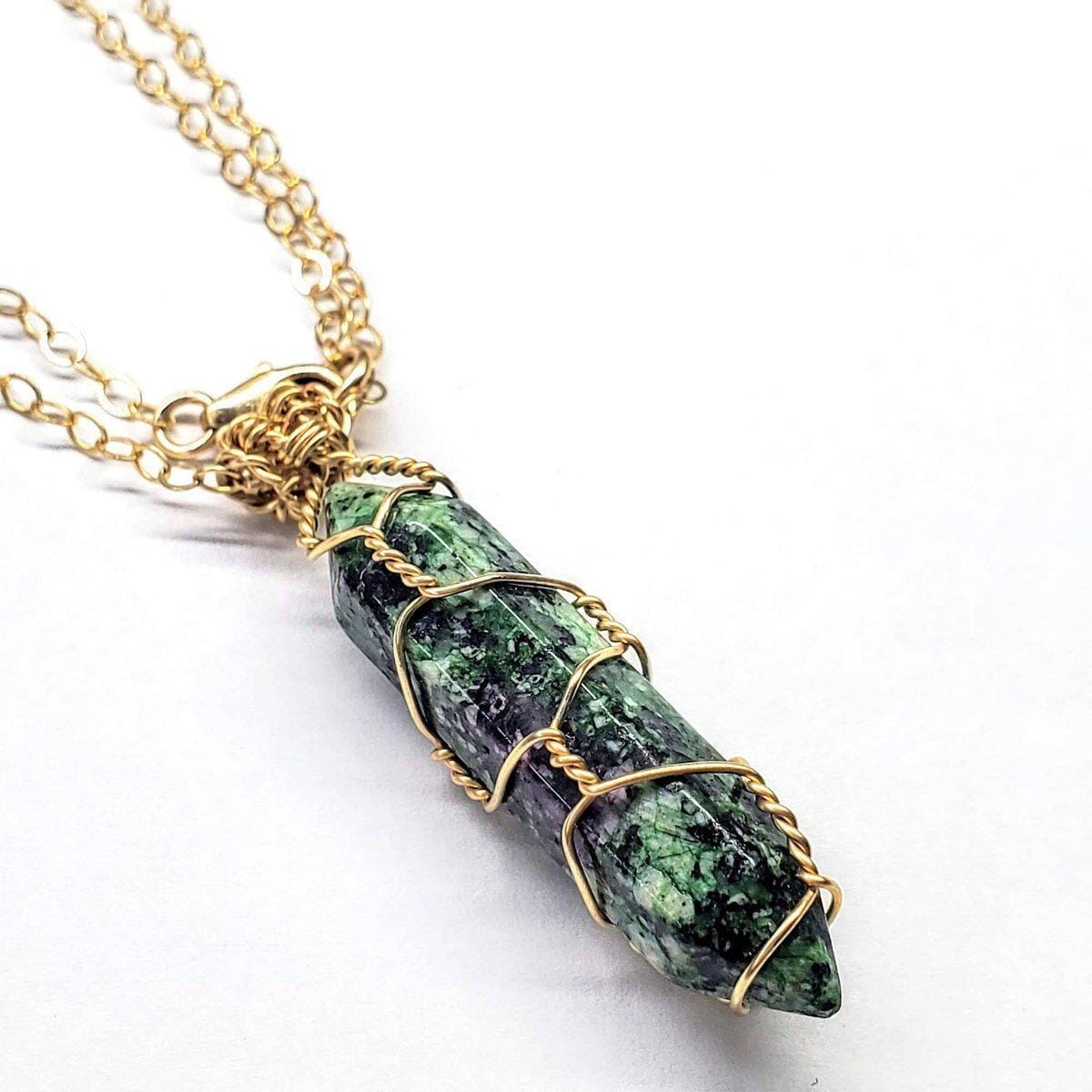 Alexa Martha Designs Necklace Alexa Martha Designs Gold Wire Wrapped Caged In Ruby In Zoisite Pointed Crystal Necklace For Him
