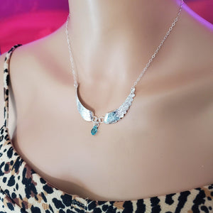 Alexa Martha Designs Necklace Alexa Martha Designs Silver Sculpted Angel Wings Crystal Drop Necklace