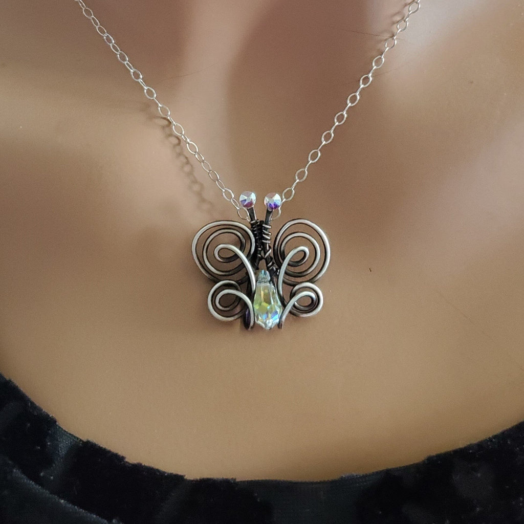 Alexa Martha Designs Necklace Alexa Martha Designs Sterling Silver Sculpted Wire Wrapped Crystal Butterfly Necklace