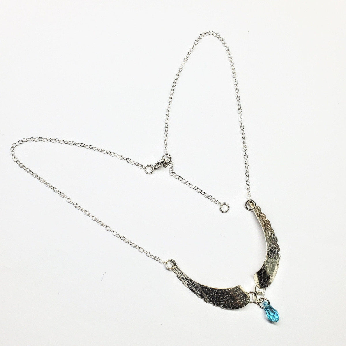 Alexa Martha Designs Necklace Aqua Crystal Drop Handmade Silver Forged Sculpted Angel Wings Necklace
