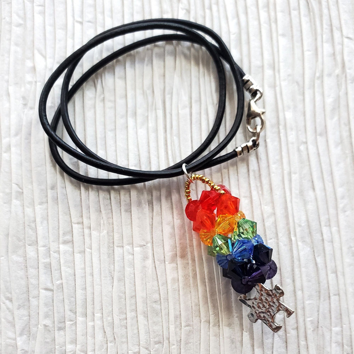 Alexa Martha Designs Necklace Black leather 2mm necklace with sterling silver findings 20 inches Pillar of Rainbow Crystals  Necklace for Autism Awareness