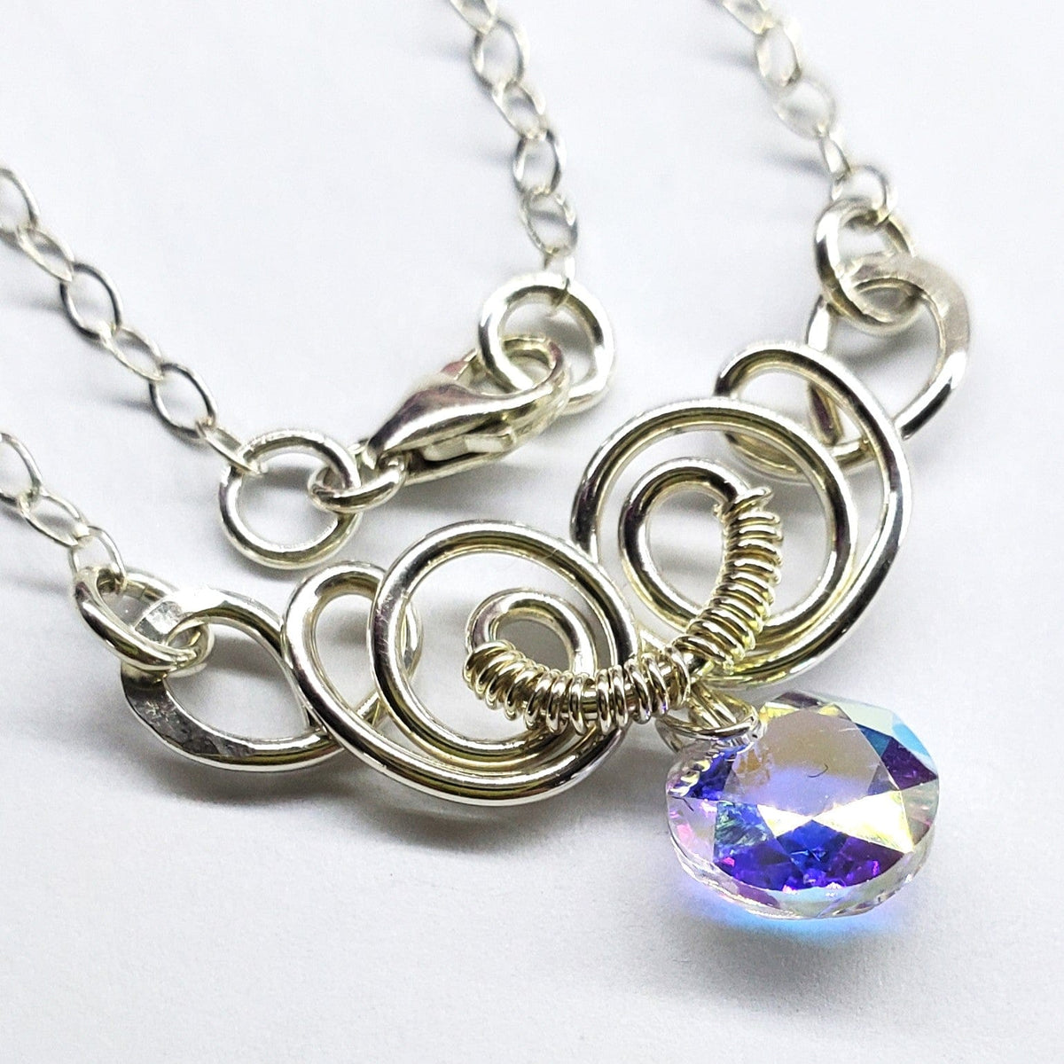 Alexa Martha Designs Necklace Crystal Silver Wire Sculpted Round Aqua Crystal Pendant Necklace