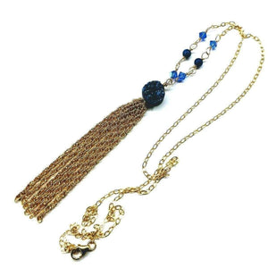 Alexa Martha Designs Necklace Default Title / Blue Alexa Martha Designs 14 Kt Gold Filled Blue Agate Druzy Long Tassel Necklace