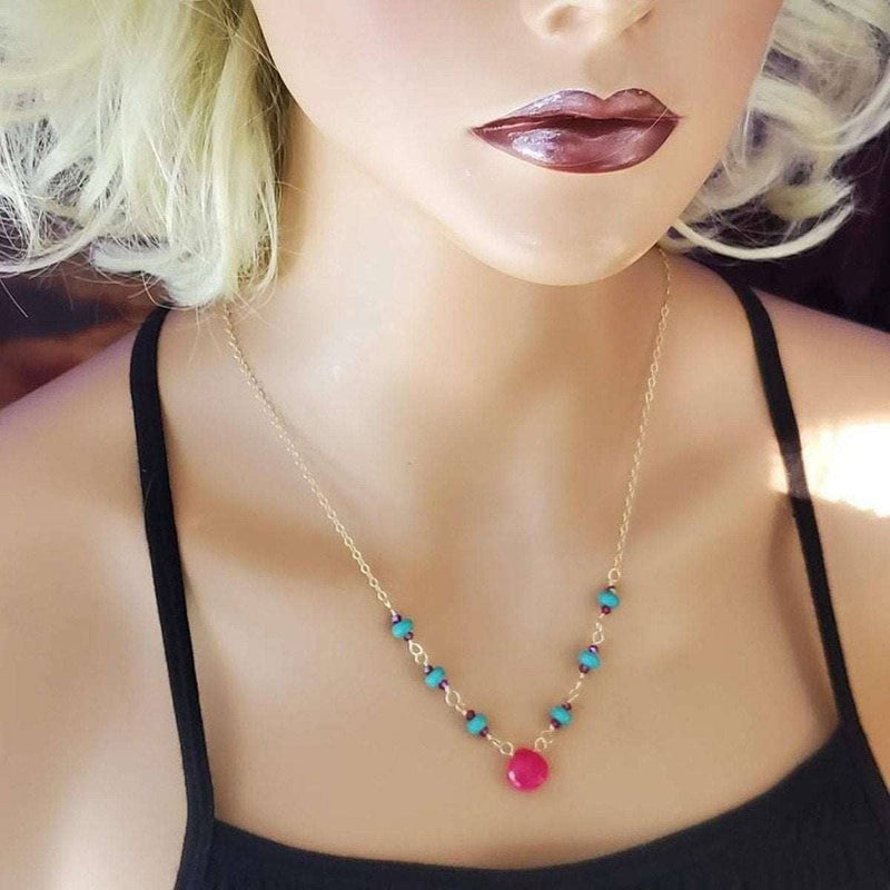 Alexa Martha Designs Necklace Default Title / Pink/Turquoise Alexa Martha Designs Gold Filled Pink Chalcedony Turquoise Gemstone Drop Necklace