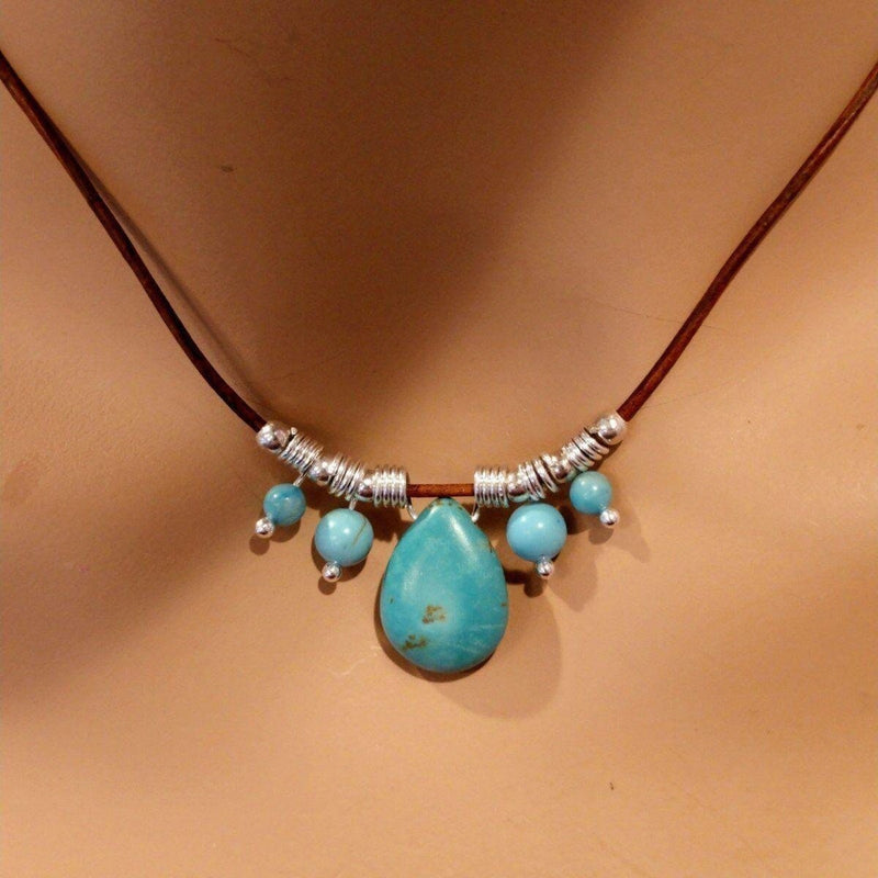 Alexa Martha Designs Necklace Default Title / Turquoise Alexa Martha Designs Silver Turquoise Drop Bead Charm Leather Necklace