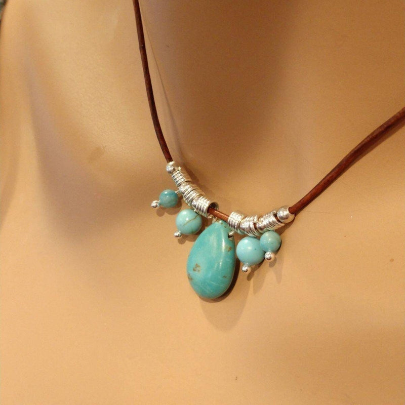 Alexa Martha Designs Necklace Default Title / Turquoise Alexa Martha Designs Silver Turquoise Drop Bead Charm Leather Necklace