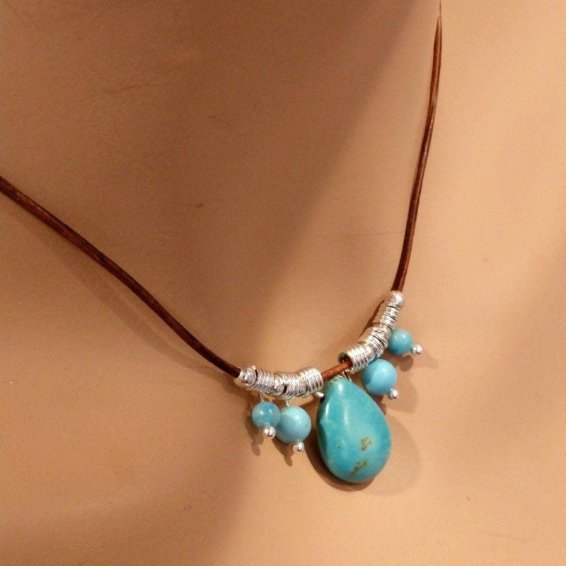 Alexa Martha Designs Necklace Default Title / Turquoise Alexa Martha Designs Silver Turquoise Drop Bead Charm Leather Necklace