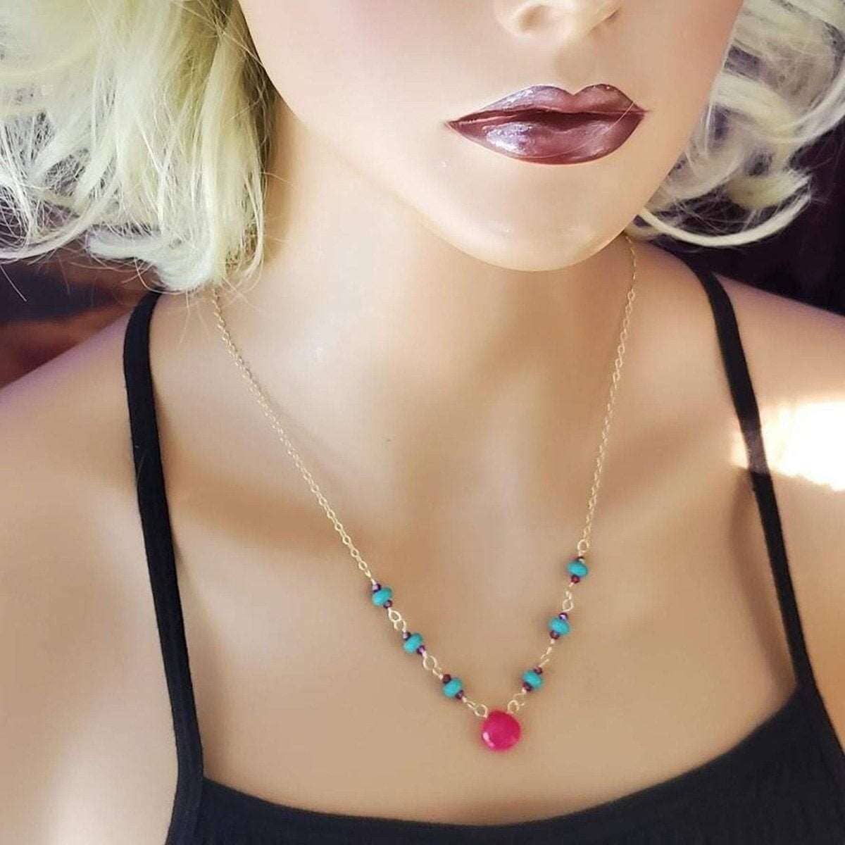 Alexa Martha Designs Necklace Gold Filled Pink Chalcedony Turquoise Gemstone Drop Necklace