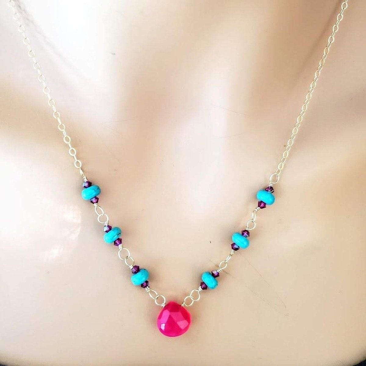Alexa Martha Designs Necklace Gold Filled Pink Chalcedony Turquoise Gemstone Drop Necklace