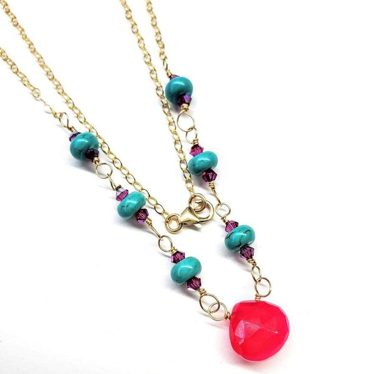 Alexa Martha Designs Necklace Gold Filled Pink Chalcedony Turquoise Gemstone Drop Necklace