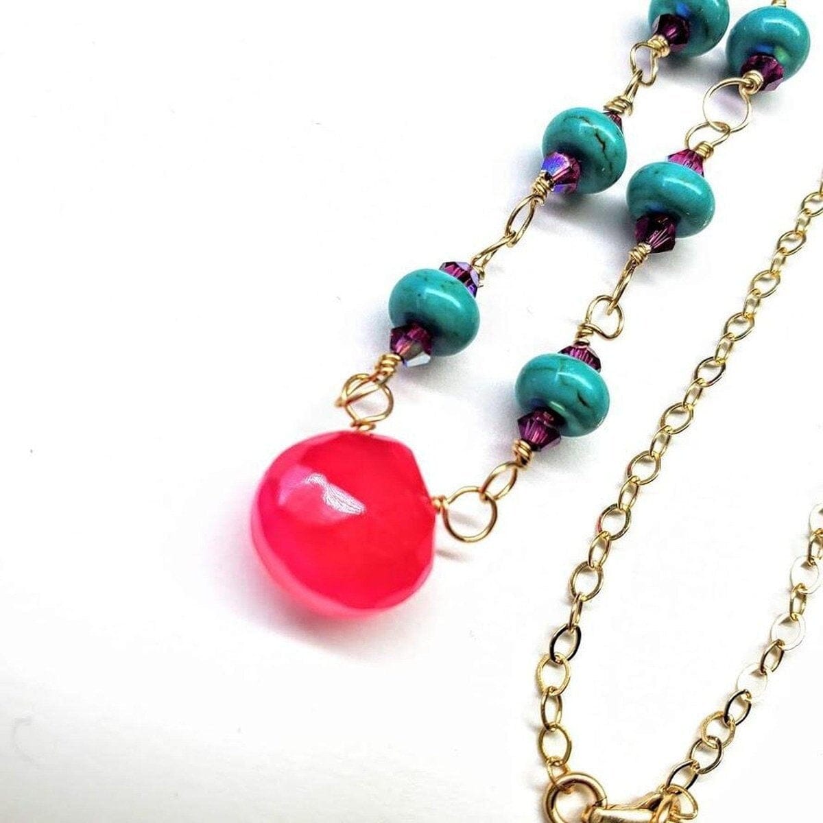 Alexa Martha Designs Necklace Gold Filled Pink Chalcedony Turquoise Gemstone Drop Necklace