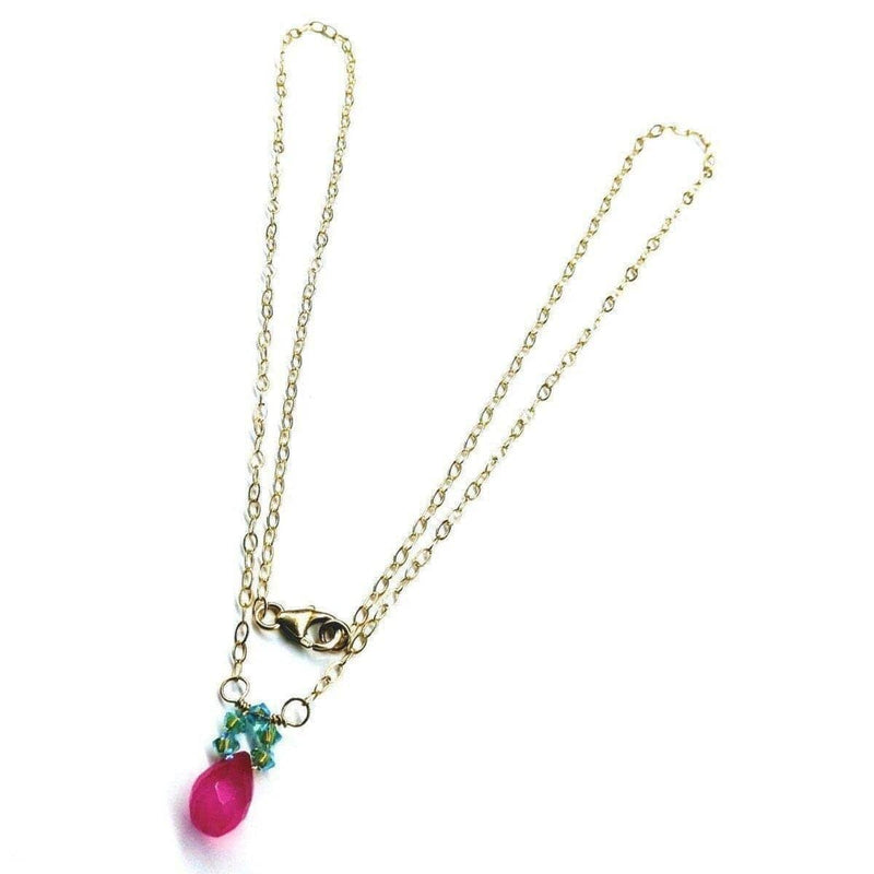 Alexa Martha Designs Necklace Pink Gemstone Drop and Turquoise Crystal 14 K Gold Filled Necklace