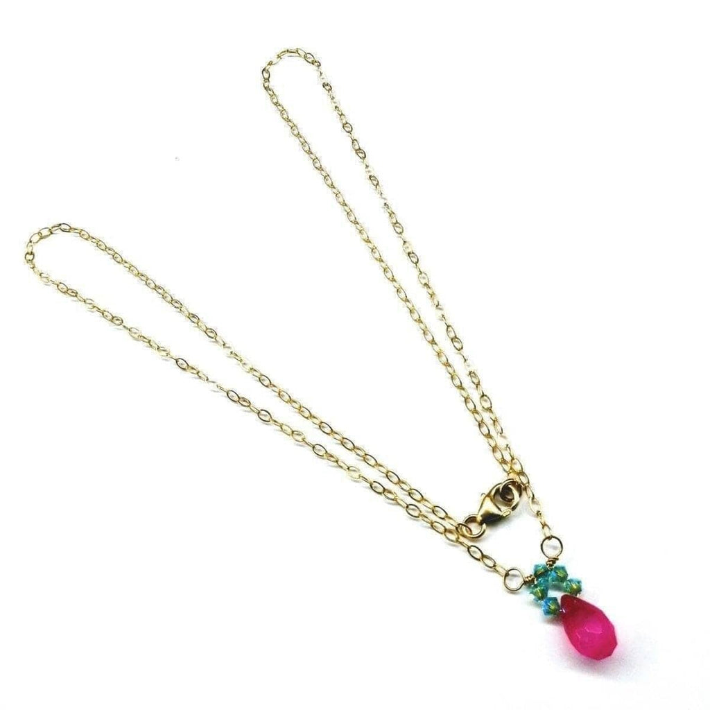 Alexa Martha Designs Necklace Pink Gemstone Drop and Turquoise Crystal 14 K Gold Filled Necklace