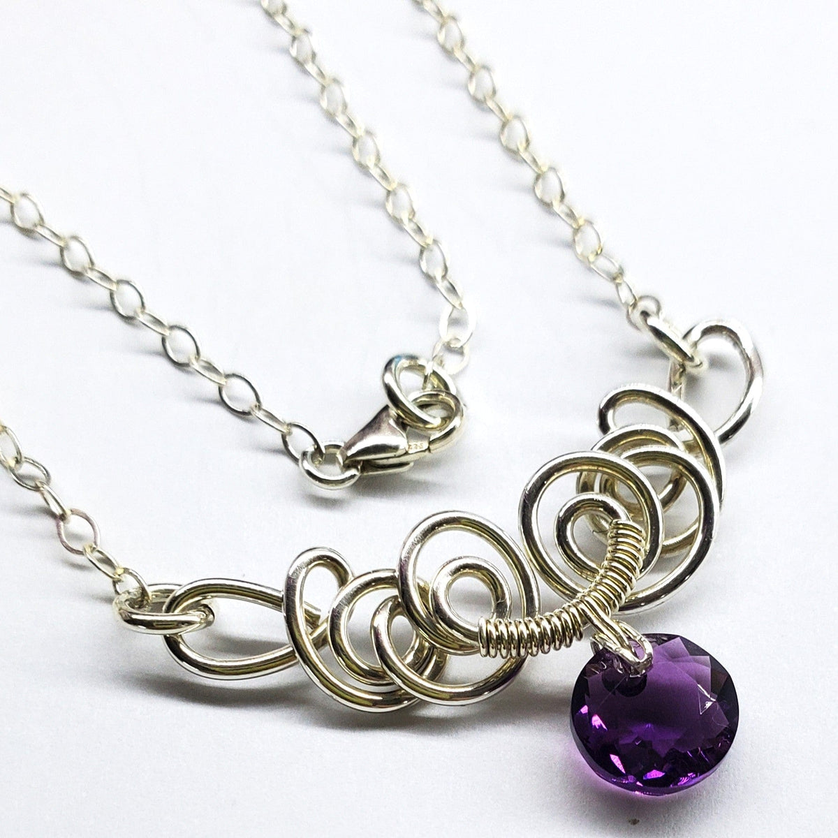 Alexa Martha Designs Necklace Purple Silver Wire Sculpted Round Aqua Crystal Pendant Necklace