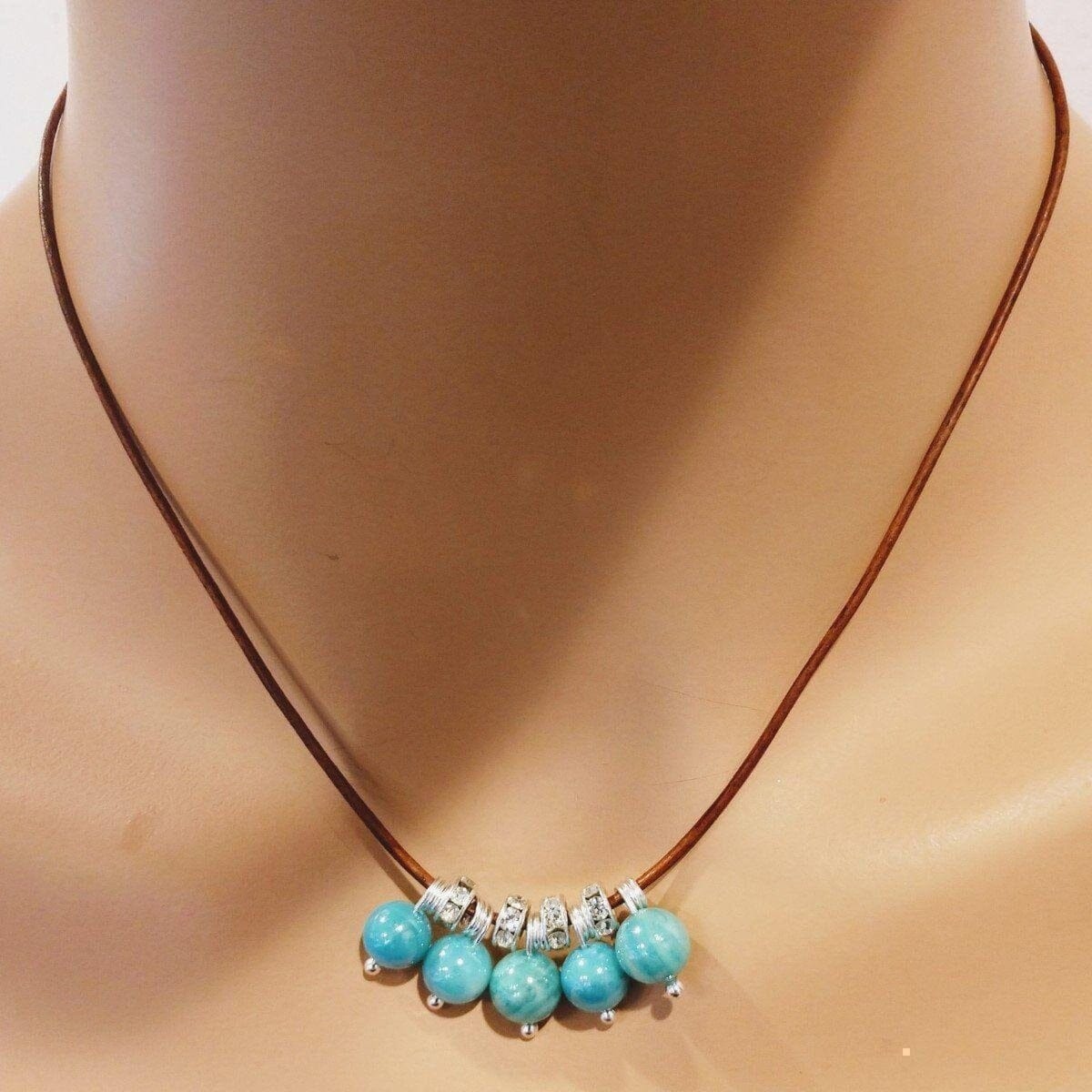 Alexa Martha Designs Necklace Silver Green Blue Shell Bead Charm Leather Necklace