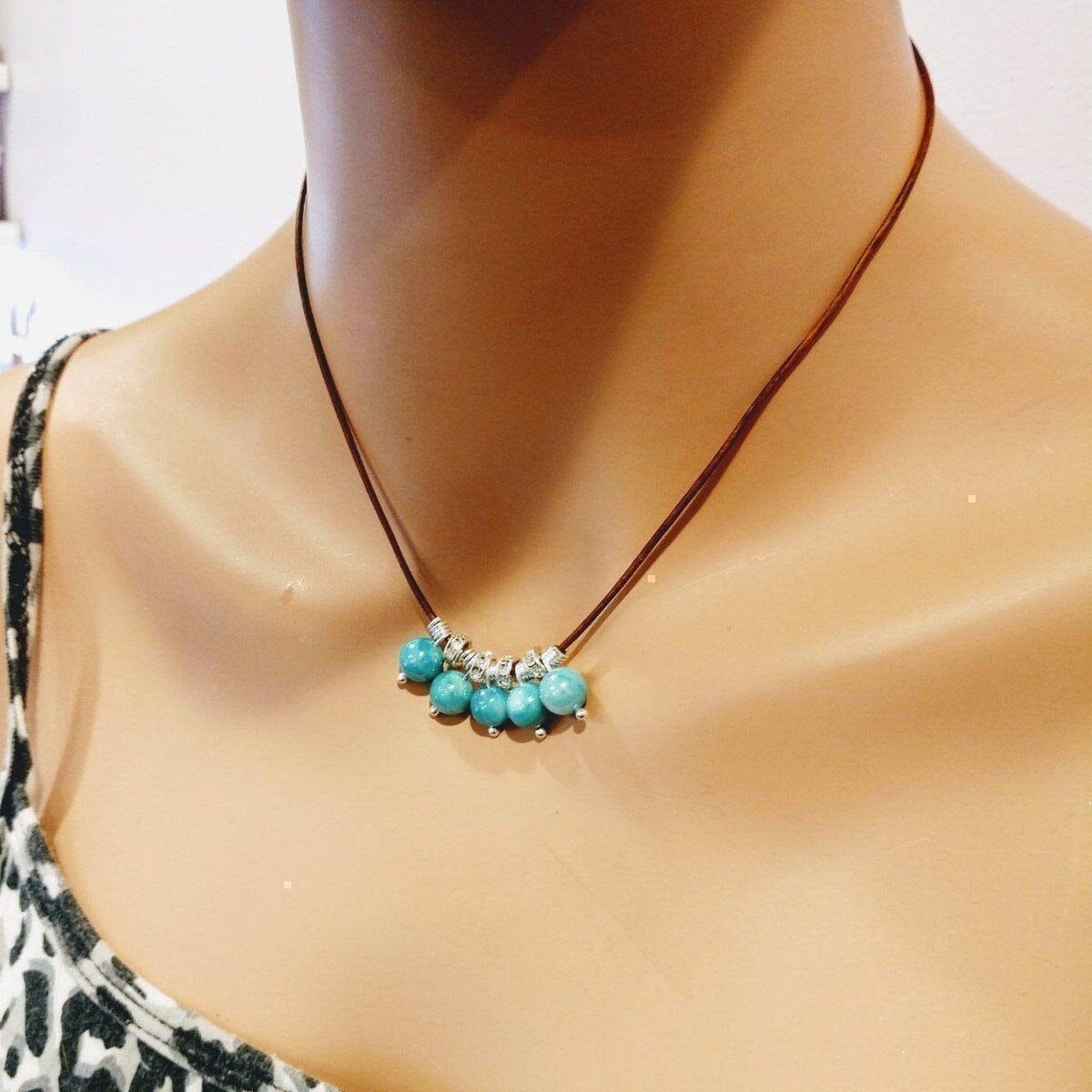 Alexa Martha Designs Necklace Silver Green Blue Shell Bead Charm Leather Necklace