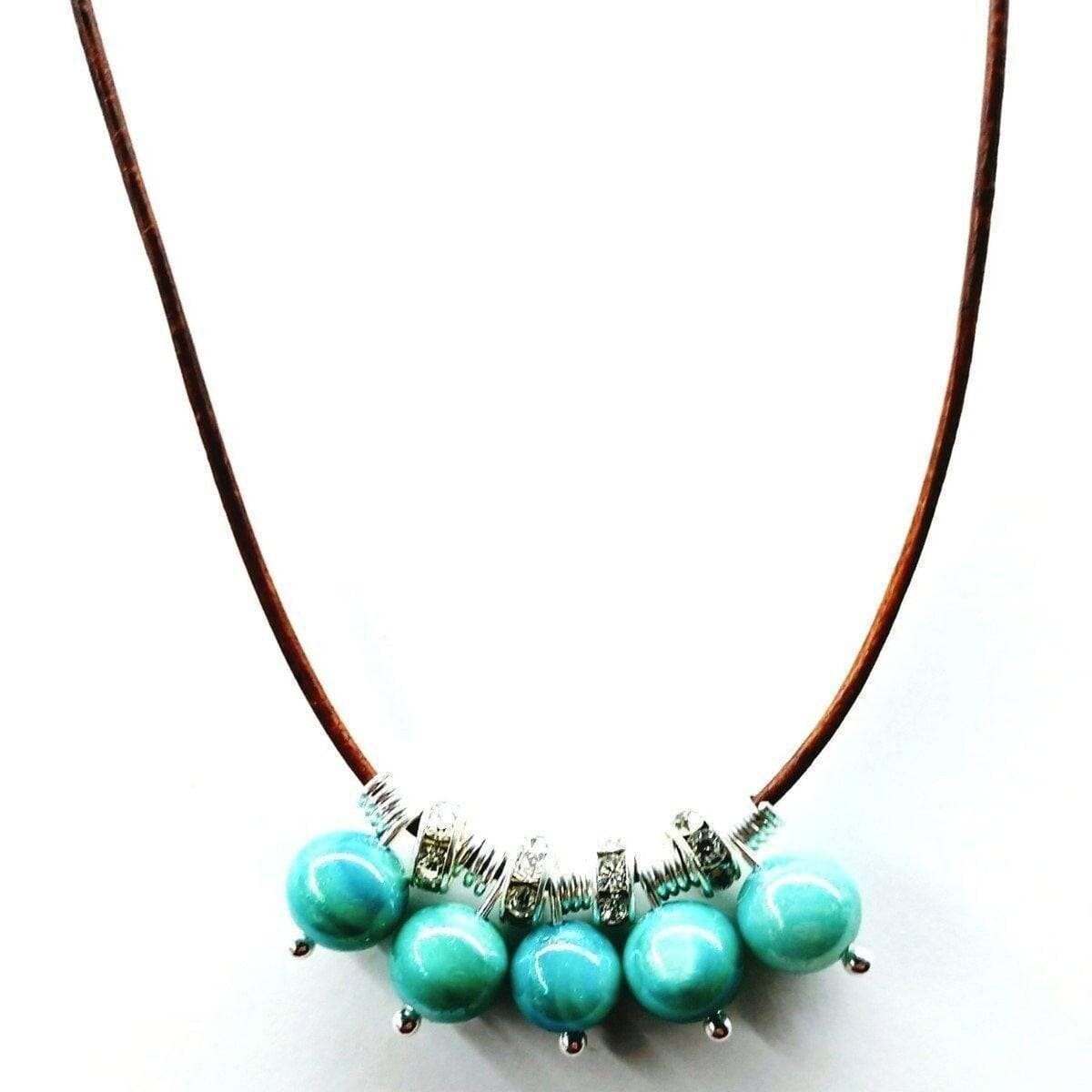 Alexa Martha Designs Necklace Silver Green Blue Shell Bead Charm Leather Necklace