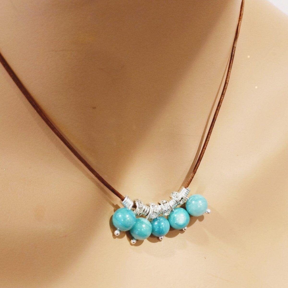 Alexa Martha Designs Necklace Silver Green Blue Shell Bead Charm Leather Necklace