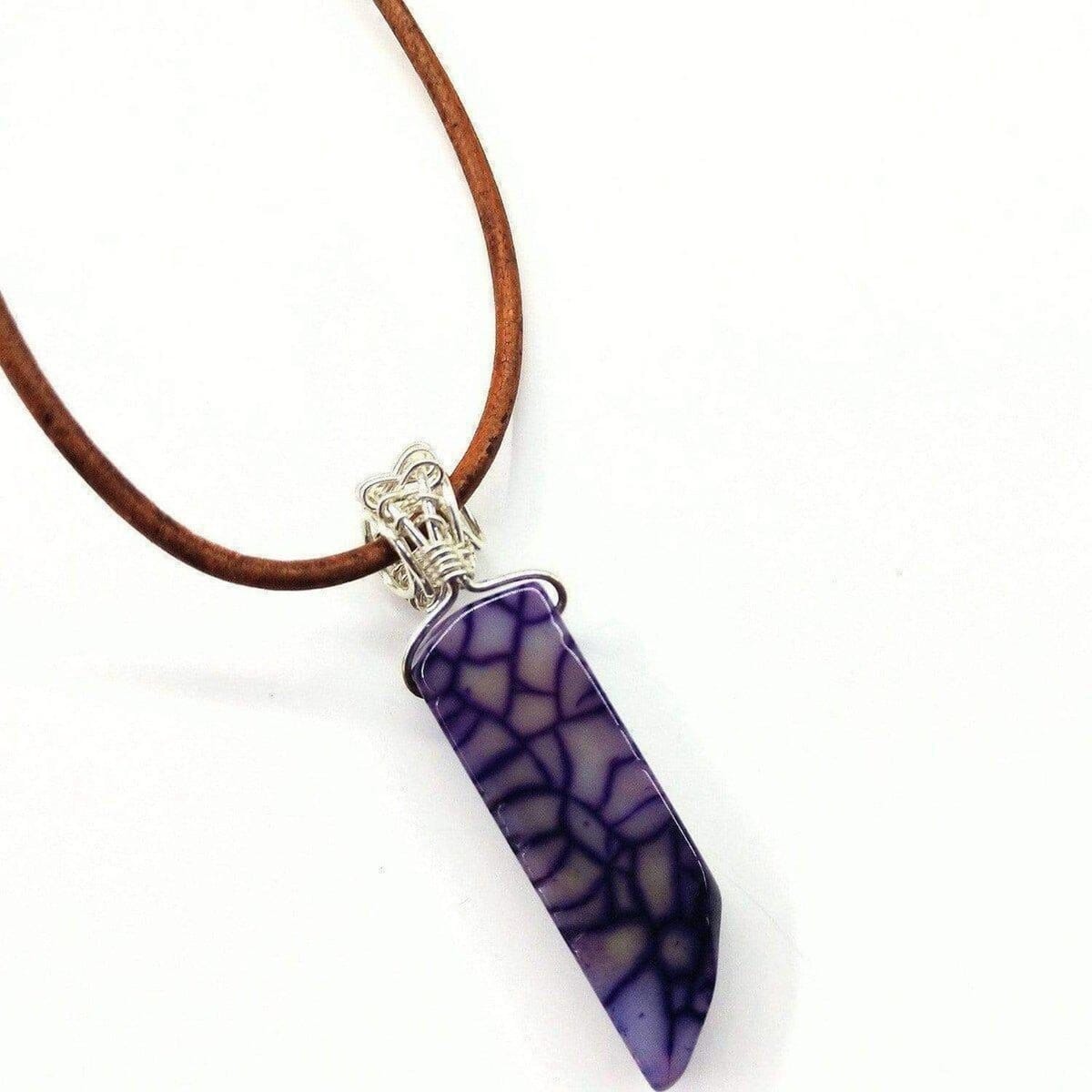 Alexa Martha Designs Necklace Silver Wrapped Purple Dyed Crackle Agate Point Leather Necklace