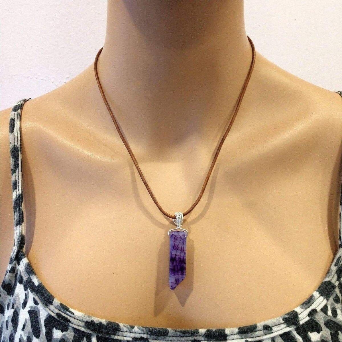 Alexa Martha Designs Necklace Silver Wrapped Purple Dyed Crackle Agate Point Leather Necklace