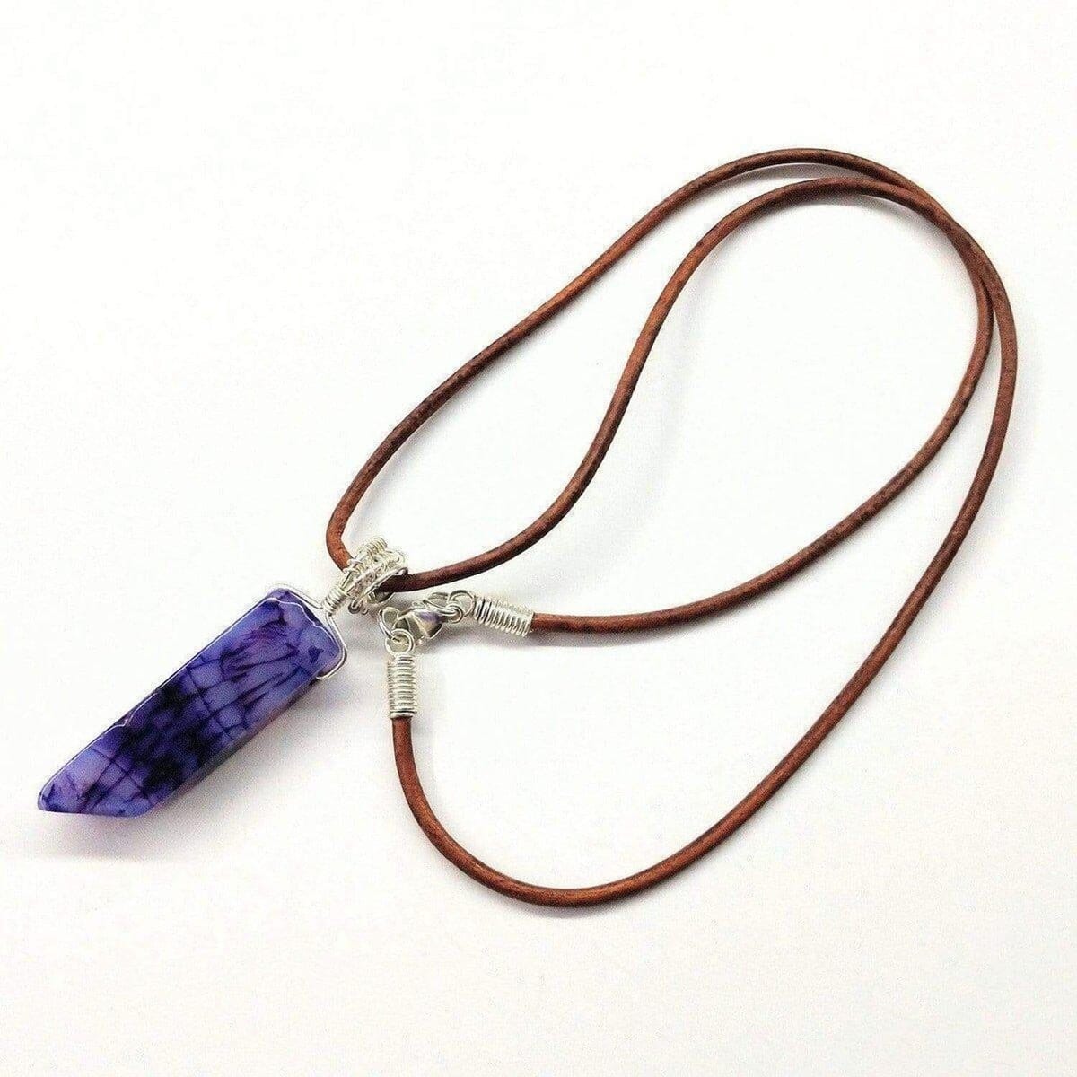 Alexa Martha Designs Necklace Silver Wrapped Purple Dyed Crackle Agate Point Leather Necklace
