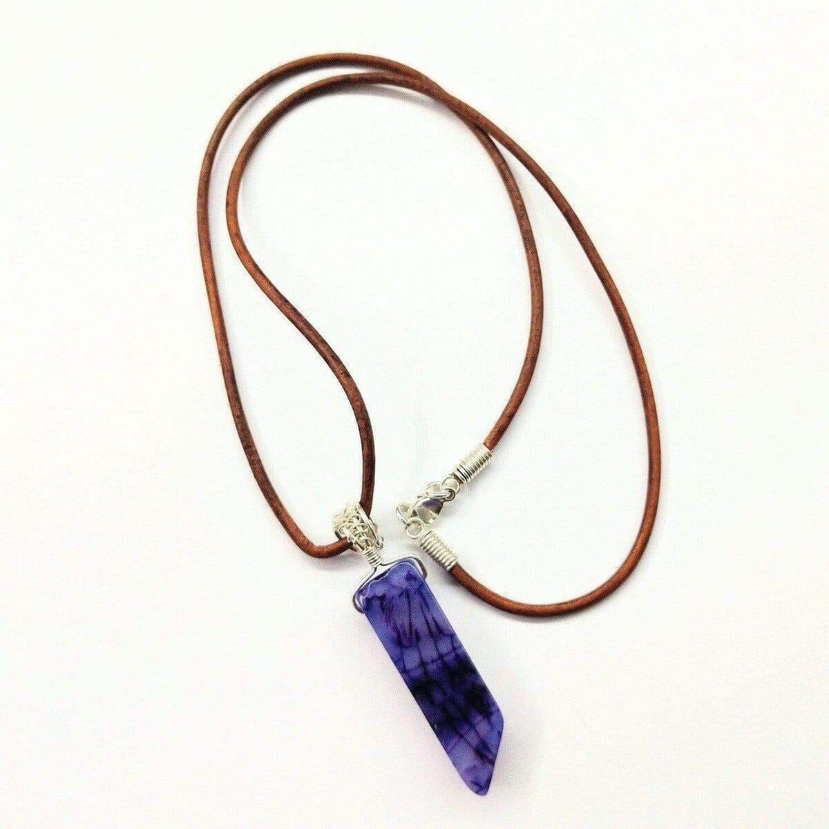 Alexa Martha Designs Necklace Silver Wrapped Purple Dyed Crackle Agate Point Leather Necklace
