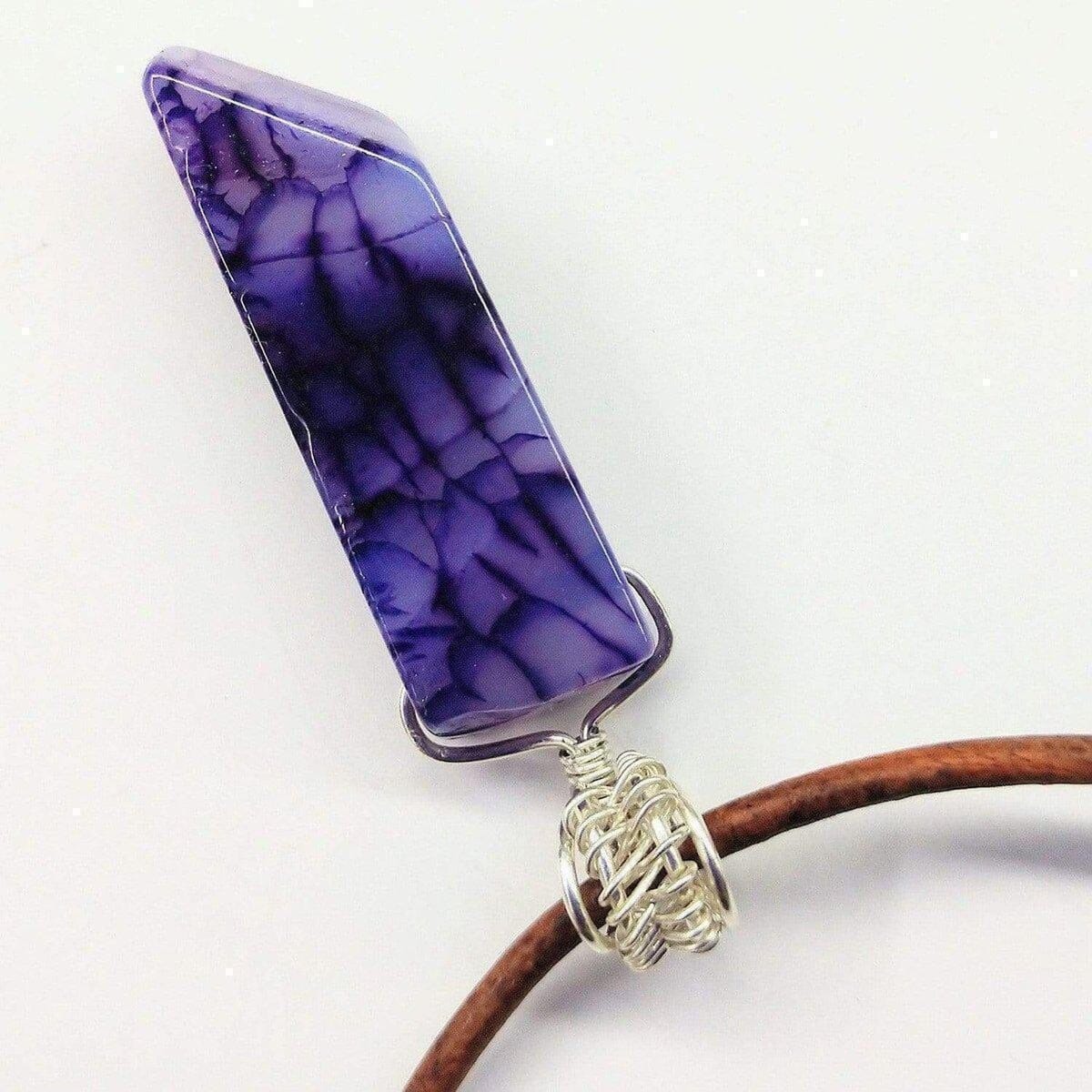 Alexa Martha Designs Necklace Silver Wrapped Purple Dyed Crackle Agate Point Leather Necklace