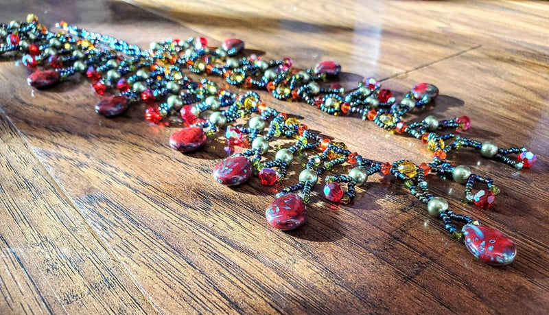 Alexa Martha Designs Necklace Sparkly Beaded Red and Green Waterfall Statement Necklace