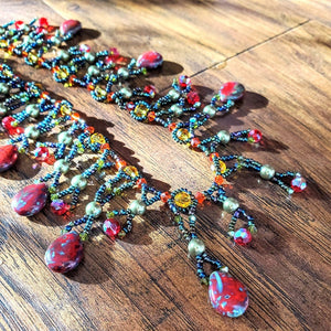 Alexa Martha Designs Necklace Sparkly Beaded Red and Green Waterfall Statement Necklace